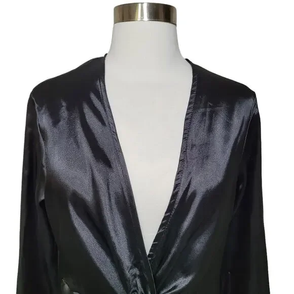 Satin Black Faux Wrap Front Plunge Mini Dress V Neck Twist Size Medium - Picture 3 of 8
